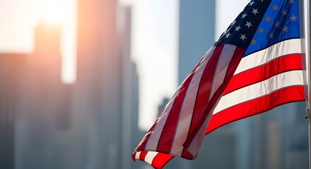 Naklejka premium Photo of the united states flag us during the day under bright sunlight with a city background with tall buildings