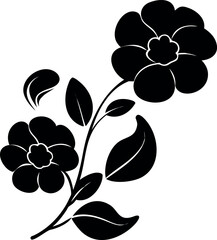 Stylized floral branch featuring two black flowers and leaves, a simple and elegant botanical graphic design element for decoration