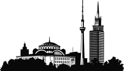 High resolution black and white silhouette of a modern city skyline at dusk or dawn