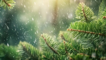 serene winter pine branch glistening with snowflakes under golden sunlight lush forest backdrop tranquil mood macro composition editorial illustration banner copy space