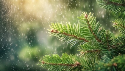 serene winter pine branch glistening with snowflakes under golden sunlight lush forest backdrop tranquil mood macro composition editorial illustration banner copy space