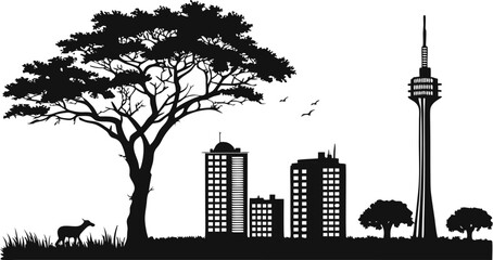 High resolution black and white city skyline silhouette graphic design for architectural and urban projects