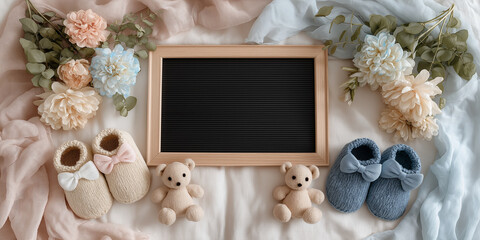 Charming flat lay of twin pregnancy announcement scene features blank letter board surrounded by baby booties, teddy bears, and pastel flowers, evoking joy and anticipation