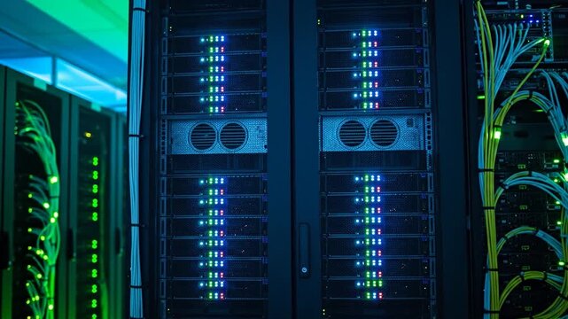 Modern data center servers illuminate, showcasing technology and innovation. - Powered by Adobe