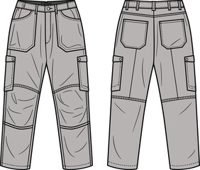 Gray cargo pants front back view, flap pockets, reinforced knees, belt loops, fashion sketch, garment template