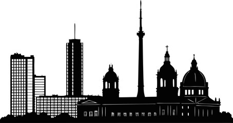 Obraz premium High resolution black and white city skyline silhouette with architectural details and modern buildings