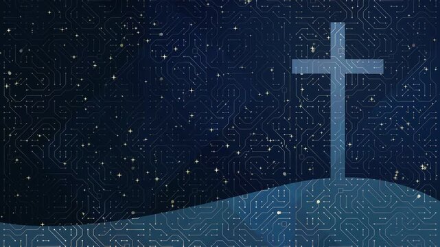 digital religion, blue cross rising from a landscape made of printed circuit board pattern, symbol of faith and technology merging with a futuristic virtual cyber world and star-field pattern