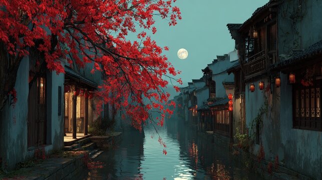 Ancient Chinese canal town with bright red maple leaves and full moon architecture
