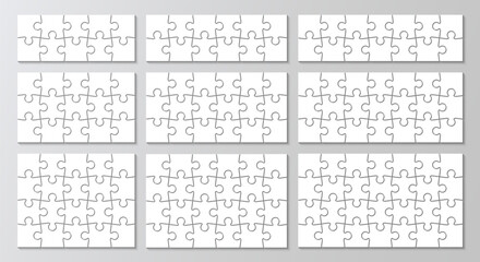 Puzzle grid process diagram presentation. 9 Jigsaw infographics collection. Puzzles set business chain infographic. Business info graphic with steps, parts. Vector illustration
