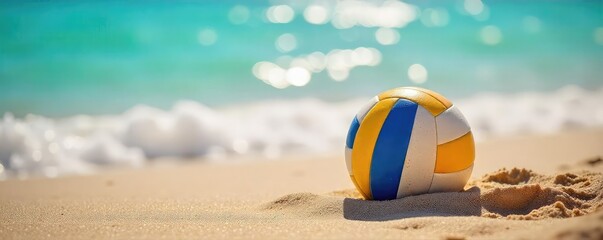 Obraz premium Two beach volleyballs sit in the warm sand near a gently lapping ocean wave, ready for a game under the bright sun Perfect summer vacation imagery , leisure, sandy, sun