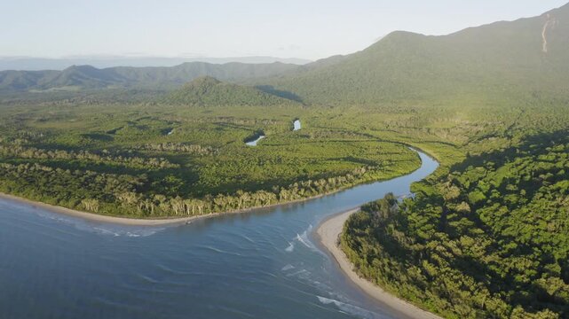Aerial view of river and coastline, Cape Tribulation, Daintree National park, Queensland, Australia