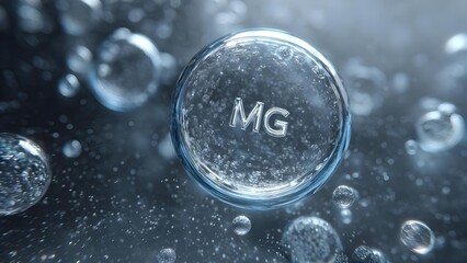 A large transparent bubble with the letters MG inside, floating among many smaller bubbles in a cool blue background. Concept Typography in bubbles, Large MG bubble, Floating smaller bubbles