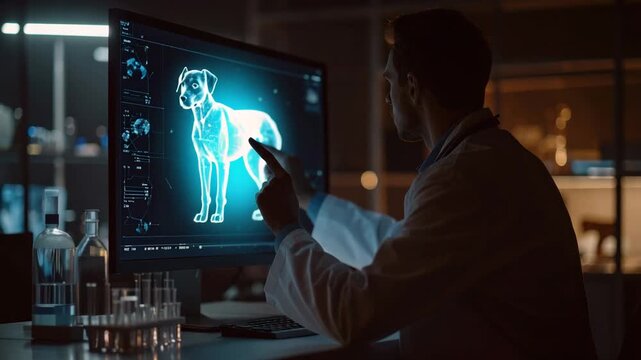 Veterinary Researcher Analyzing Digital Canine Anatomy on Computer Screen