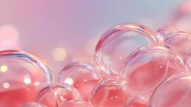 A cluster of iridescent pastel pink soap bubbles against a soft pastel background. Concept Iridescent pastel bubbles, Soft pastel background, Bubble cluster, Dreamy color palette