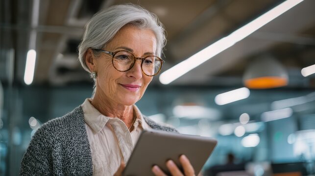 Old Woman With Ipad. Senior Female Business Employee in Office Using Tablet for Social Media and Internet Browsing