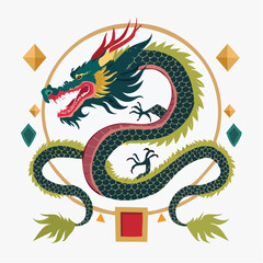 Obraz premium Illustration design plat du dragon rouge et doré traditionnel
