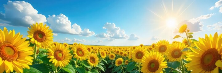 Fototapeta premium Vibrant sunflowers bask in a vast, sunny sky, creating a breathtaking landscape of golden hues and endless blue Perfect for summer, nature, and happy themes , serenity, agricultural