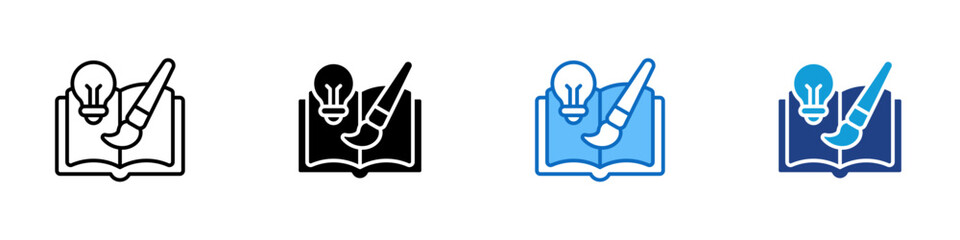 Creative Book Multiple Style Icon Design Vector - Open book with a lightbulb and paintbrush, symbolizing creativity, art, and learning inspiration