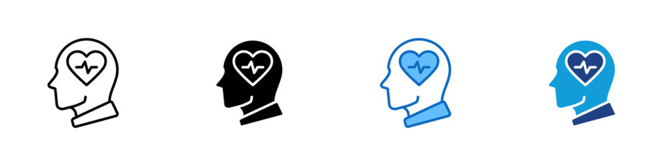 Emotional Health Multiple Style Icon Design Vector - head with a heart and heartbeat inside, representing emotional well-being, empathy, and mindfulness