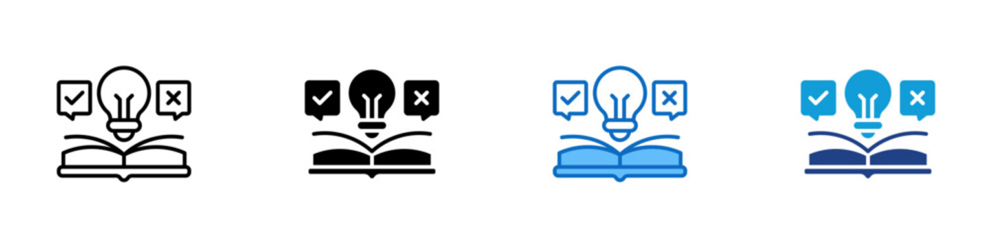 Decision Learning Multiple Style Icon Design Vector - Open book with a lightbulb and check or cross signs, representing decision-making through study or learning