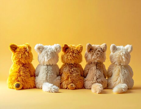 wearing fluffy animal suits sitting on yellow background
黄色い背景で動物の着ぐるみを着て並ぶ5人