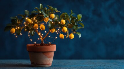 Lemon tree with fairy lights in a terracotta pot on blue background