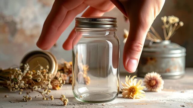 Empty glass mason jar with a lid and dried flowers in a rustic, vintage still life.
