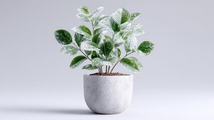 Variegated plant in modern concrete pot on minimalist gray background
