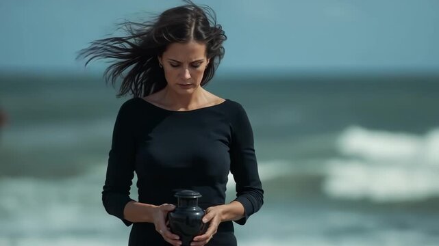 A sad woman in black clothes holds a funeral urn against the backdrop of the sea  