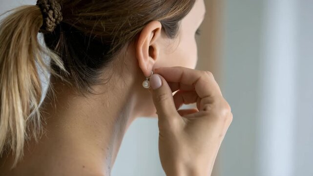 Close Up of Woman Putting on Pearl Earring before Mirror Reflection