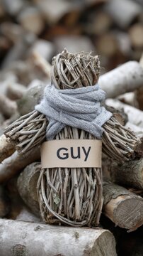 Wicker straw figure with gray scarf labeled guy in rustic setting, Guy Fawkes Night