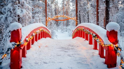 A red bridge covered in snow adorned with fairy lights leading through a winter forest.