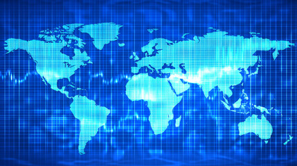 Obraz premium Digital world map in blue grid global network and data streams.