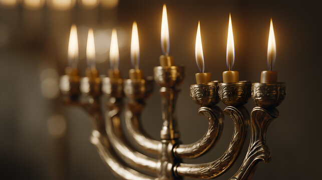 Close-up of menorah with eight candles and shamash lit, casting warm glow. Ideal for editorial, cultural, religious, or holiday photography themes.