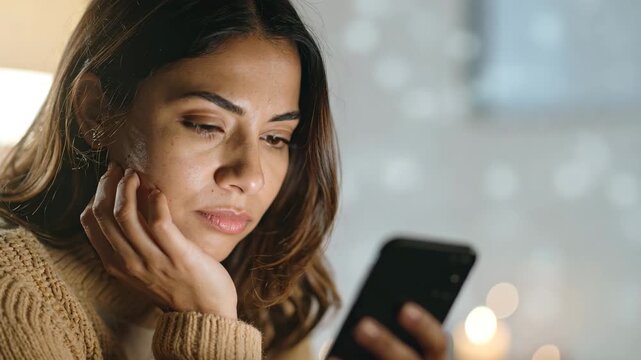 Sad, lonely woman stares at her phone, waiting for a text message, with a moody, cinematic look.