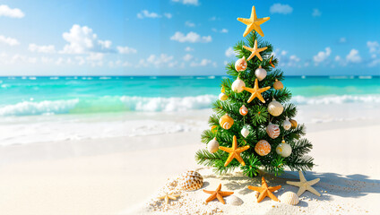Christmas tree with seashells and starfish on beach
