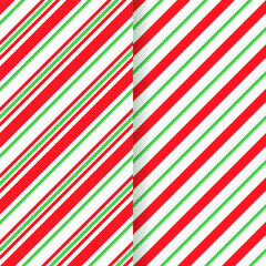 Set caramel package prints. Candy cane stripe pattern. Seamless Christmas texture. Vector. Red green peppermint wrapping paper. Xmas holiday background with diagonal lines. Geometric illustration.