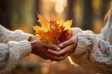 Close-up of a couple hands gently holding colorful autumn leaves, soft bokeh forest background and golden hour light