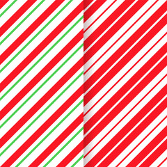 Red green wrapping texture. Candy cane seamless background. Christmas striped pattern. Vector. Xmas holiday diagonal stripes. Set of cute caramel package prints. Geometric illustration.