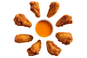  a top-down view of six fried chicken wings on the edge, with one wing pointing towards each side and placed in a white plate centered in the frame, 