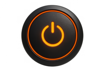 Power button glowing orange, symbolizing turning on, starting technology, and energy control on transparent background