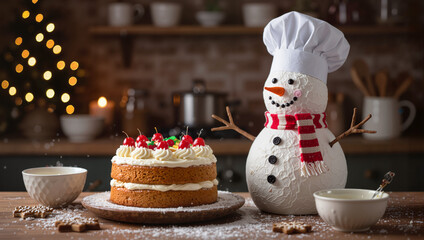 Snowman chef with cake and teacups in holiday kitchen