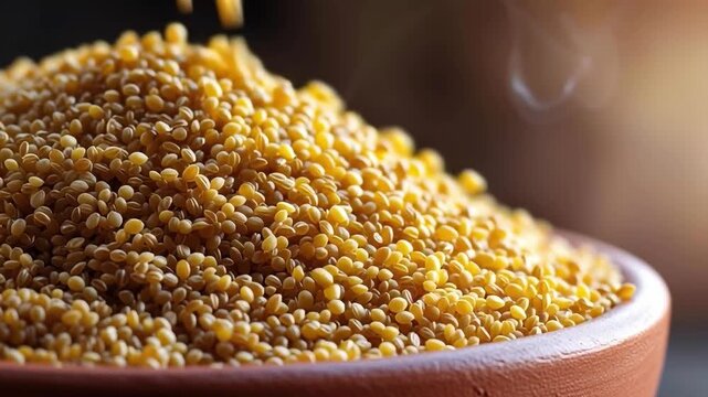 Golden Grain Bounty: A close-up view unveils a rich pile of golden grains in an earthen bowl, the texture and detail accentuated by natural light. The scene whispers of abundance and nourishment.