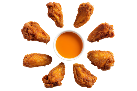  a top-down view of six fried chicken wings on the edge, with one wing pointing towards each side and placed in a white plate centered in the frame, 