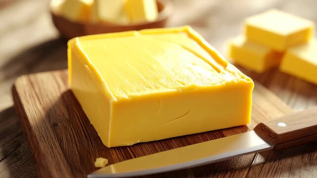 Close-up of a block of golden yellow butter on a wooden cutting board with a knife.