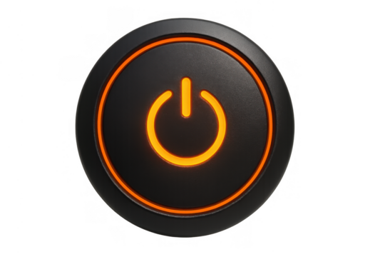 Power button glowing orange, symbolizing turning on, starting technology, and energy control on transparent background