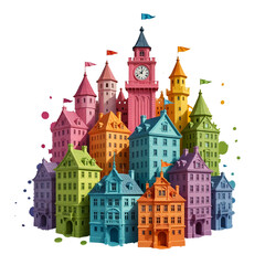 Fototapeta premium a whimsical and colorful cityscape featuring fairytale-like buildings and a prominent clock tower, playfully arranged with scattered colorful dots.