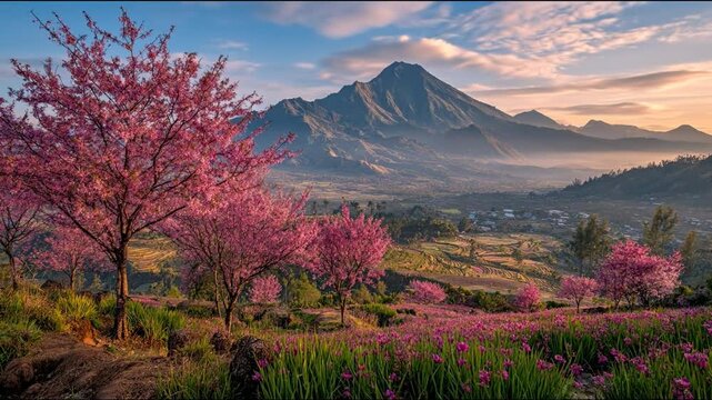 Vibrant cherry blossoms frame a majestic mountain landscape in daylight