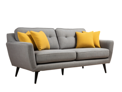 Elegant mid century modern couch featuring sleek design with tapered black legs and soft gray upholstery, complemented by vibrant yellow cushions that add cheerful touch