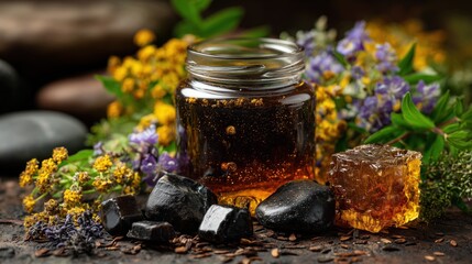 Jar of shilajit honey with raw honeycomb pieces and shilajit resin stones beside it, surrounded by wild herbs and flowers, natural organic background